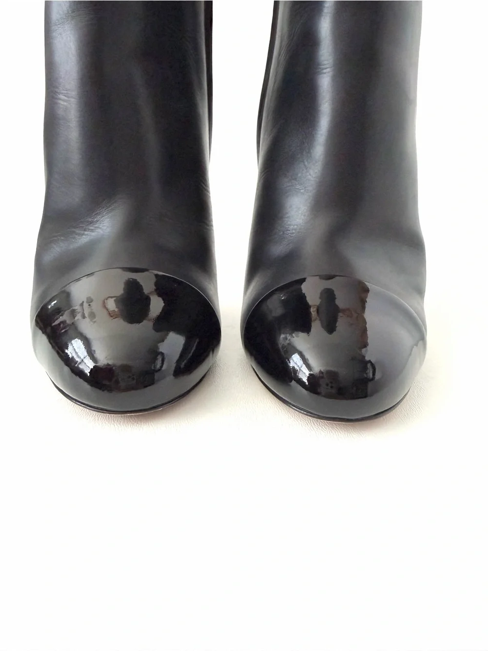 CHANEL | Black Leather CC Cap Toe Ankle Booties Boots Stiletto Heel EU 37